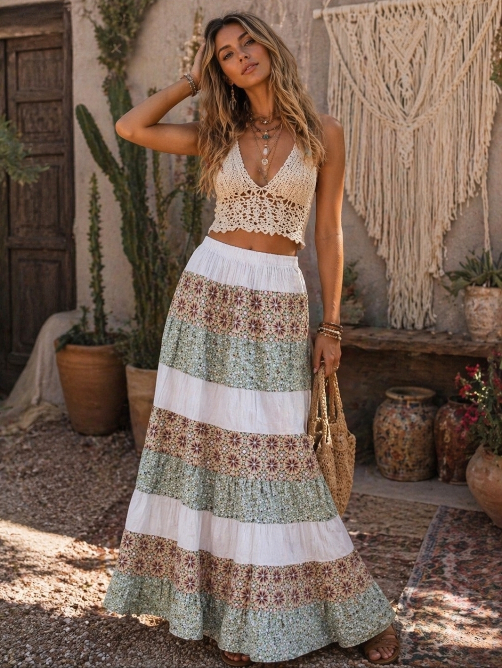 #54 Bohemian Tiered Maxi Skirt in White and Sage Green